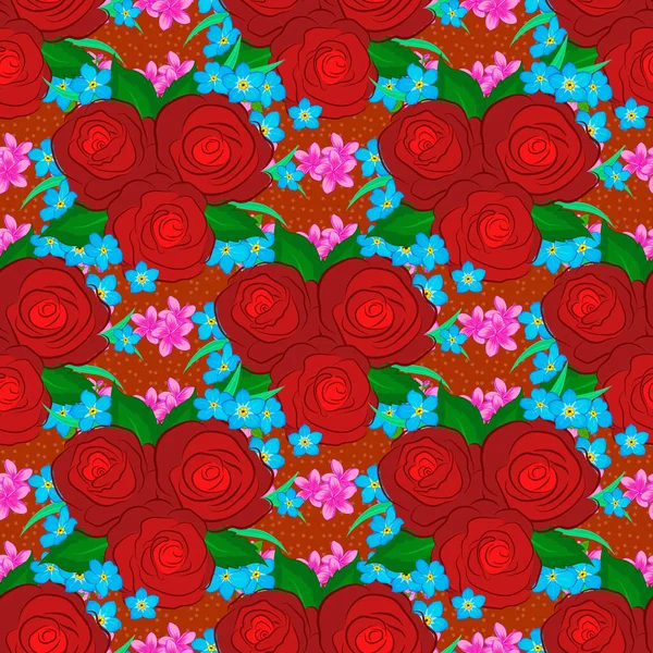 Безшовний Візерунок Милими Трояндами Зеленим Листям Червоному Помаранчевому Синьому Кольорах — стоковий вектор