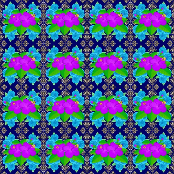 Векторный Бесшовный Цветочный Узор Цветками Листьями Гибискуса Зеленого Магента Синего — стоковый вектор