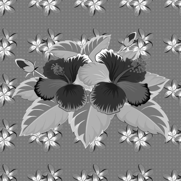 Illustration Vectorielle Avec Nombreuses Fleurs Hibiscus Gris Bleu Noir Motif — Image vectorielle