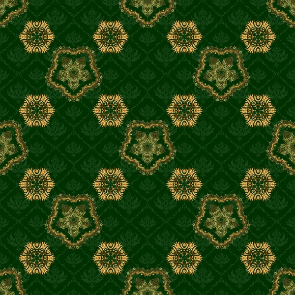 Motif Doré Sans Couture Sur Fond Vert Illustration Vectorielle Élégante — Image vectorielle