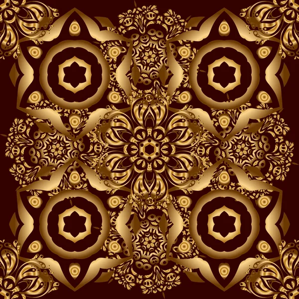 Geleneksel Hint tarzı, kına dövmeli altın elementler, altın çıkartmalar, mehndi ve yoga tasarımı, kartlar ve baskılar. Kahverengi üzerinde vektör altın mehndi kusursuz desen.