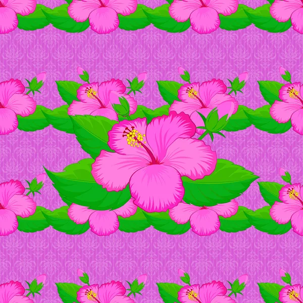 Naadloze Vector Patroon Een Violette Achtergrond Met Schattige Hibiscus Bloemen — Stockvector