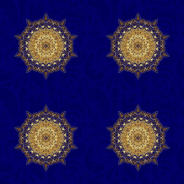 蓝色背景的金色曼陀罗 丰富的民族条纹无缝图案几何设计 曼达拉风格 栅格图解 — 图库矢量图片