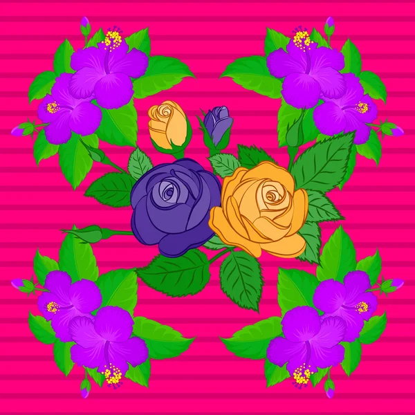 Ilustración Vectores Modelo Etnico Sin Costuras Florales Fondo Magenta Con — Vector de stock