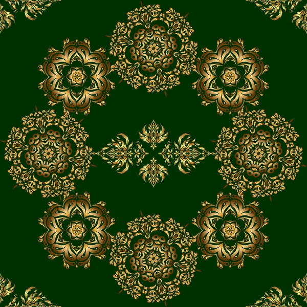 シームレスな古典的なベクトル黄金のパターン 伝統的な装飾品だ 緑の背景に古典的なヴィンテージ装飾 — ストックベクタ