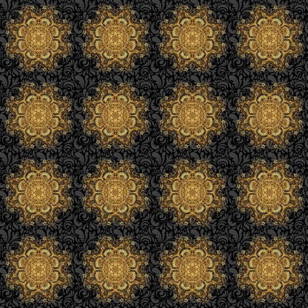 Mandala Dibujado Mano Por Vector Patrón Abstracto Dorado Fondo Negro — Vector de stock