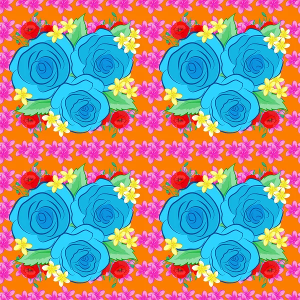装飾的なバラの花や緑の葉とオレンジの背景に民族の花のシームレスなパターン ラスターイラスト — ストックベクタ