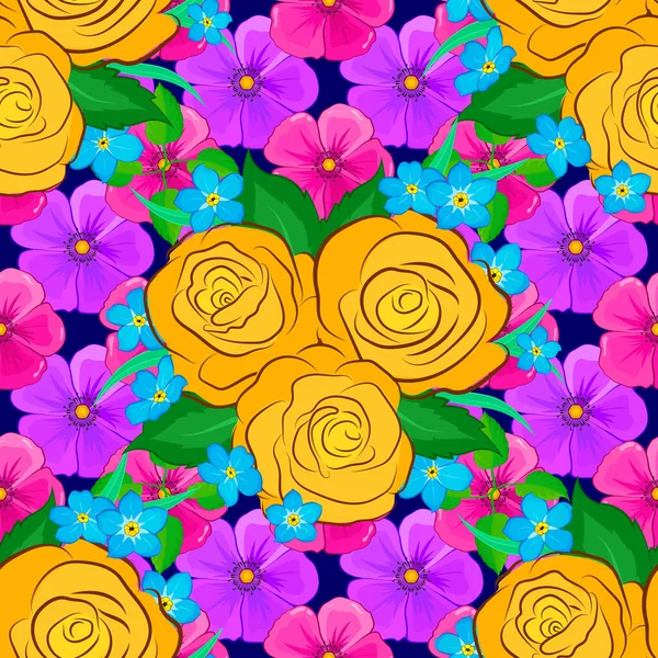 Векторный Бесшовный Узор Синем Фоне Акварельные Розовые Цветы Зеленые Листья — стоковый вектор