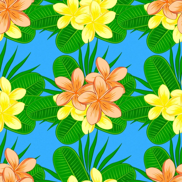 Netter Vektor Floralen Hintergrund Plumeria Blumen Nahtloses Muster Auf Blauem — Stockvektor