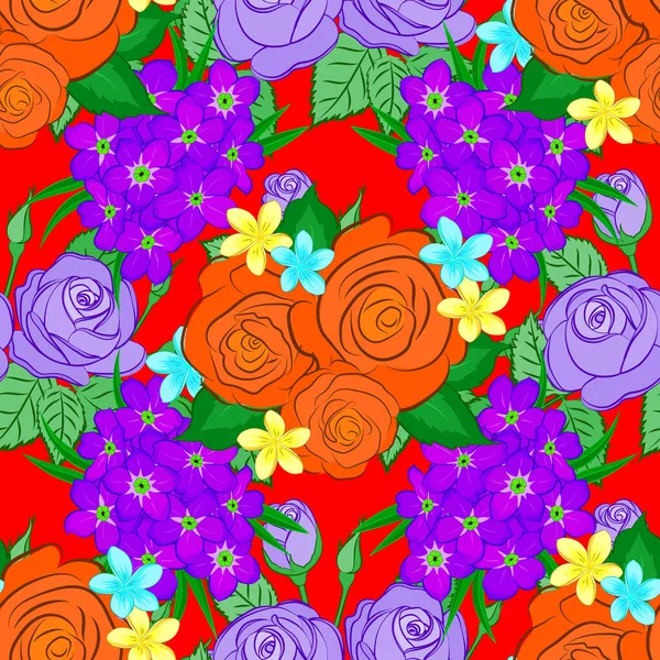 Векторний Безшовний Квітковий Візерунок Трояндовими Квітами Зеленим Листям Червоному Тлі — стоковий вектор