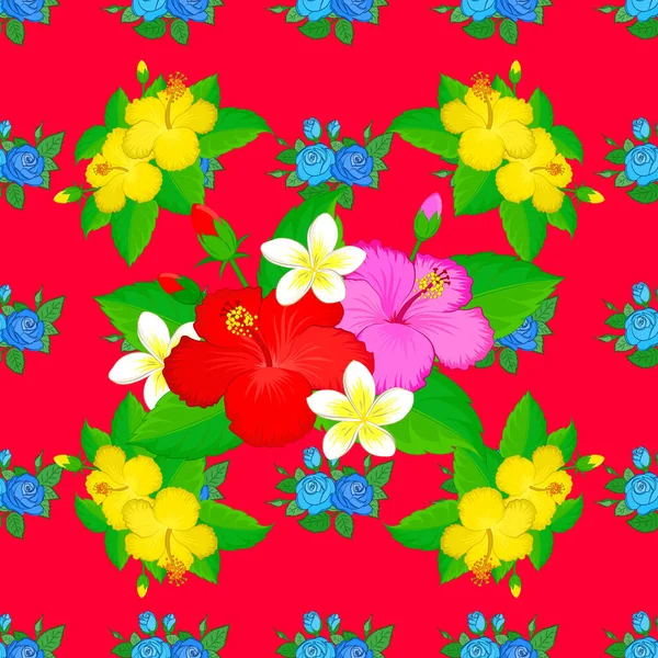 Naadloos Bloemenpatroon Een Rode Achtergrond Met Bonte Hibiscus Bloemen Vectorillustratie — Stockvector