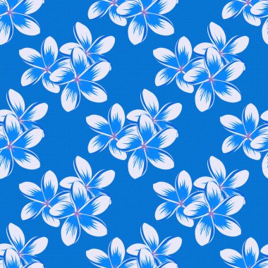 Güzel vektör dokusu. Plumeria çiçekli, mor, mavi ve gri renklerde kusursuz bir desen. Bahar mahsulü çiçek arkaplanı.