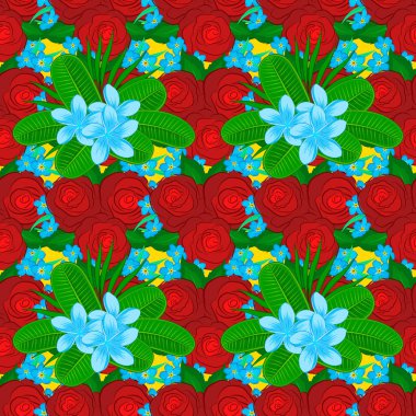 Sarı arka planda kusursuz çiçek deseni. Plumeria çiçekleri pürüzsüz desen.