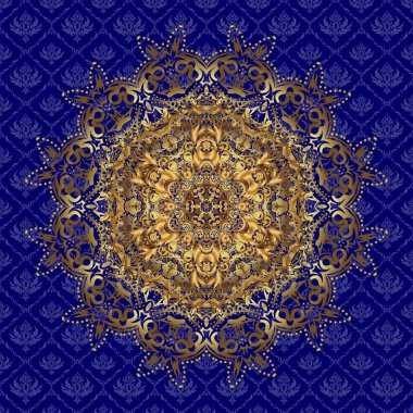 Vektör çizimi. Mavi arka planda altın rengi yuvarlak mandala. Tekstil, davetiyeler, afişler ve diğerleri için.