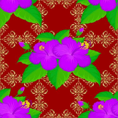 Kırmızı arka planda klasik dikişsiz desen. El yazısıyla yazılmış çiçek, pul, anahtar..