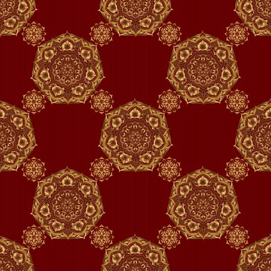 Geleneksel Tayland altın arka planı ve ızgaralı dokusu. Baskı, kumaş ya da tekstil için altın desenli Tayland ipeği tasarımı. Tayland hattı, kırmızı bir zeminde altın desenli..