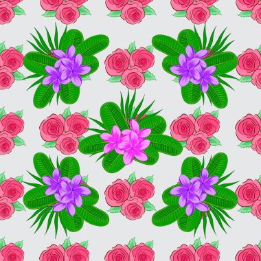 Şekillendirilmiş plumeria çiçekleri ve gri arkaplanda yaprakları olan vektörsüz arka plan deseni.