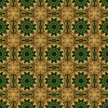Altın elementlerle kusursuz desen. Yeşil arkaplanda altın ızgara.