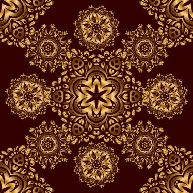 Geleneksel klasik Altın Şablon. Kahverengi arkaplanda barok tarzında kusursuz bir doğulu süsü..