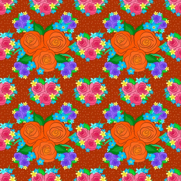 Безрозовый Узор Фон Синем Оранжевом Розовом Цветах Ретро Ботанический Стиль — стоковый вектор