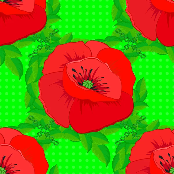 Modelo Sin Costuras Con Flores Amapola Fondo Verde Ilustración Vectores — Archivo Imágenes Vectoriales