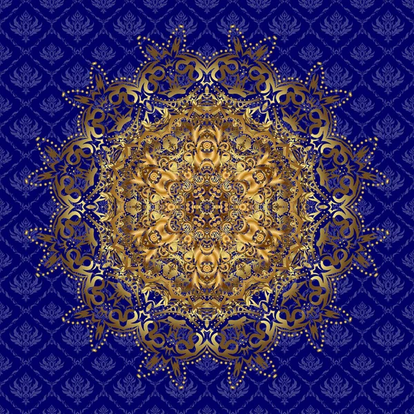 Ilustración Vectores Color Oro Alrededor Mandala Fondo Azul Para Textiles — Archivo Imágenes Vectoriales