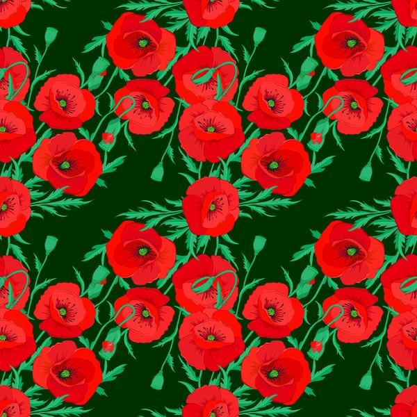 Lindas Flores Papoula Aquarela Fundo Verde Pintura Brilhante Inspirado Poppy — Vetor de Stock