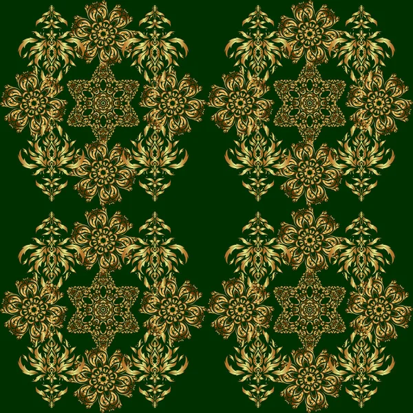 Vector Kunst Van Gouden Mehndi Naadloos Patroon Een Groene Achtergrond — Stockvector