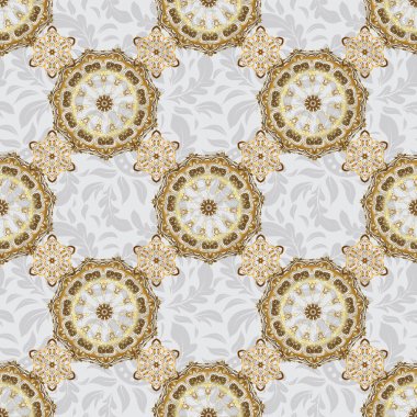 Zarif vektör klasik kusursuz desen. Gri arkaplanda tekrarlayan elementlerle kusursuz soyut süs. Gri ve altın desenli.