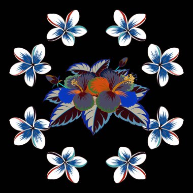 Hawaii Aloha Tişörtünün gri, mavi ve bej renklerinde, siyah arkaplanda kusursuz bir deseni var..