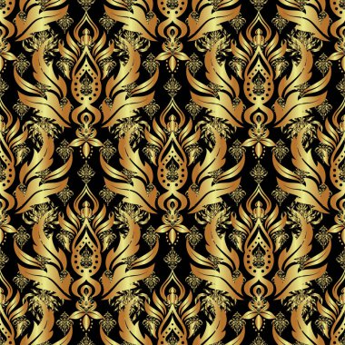 Lüks altın, yıldızlı kusursuz desen. Altın yıldız deseni, yıldız süslemeleri, siyah arkaplandaki altın şebeke.