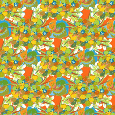 Dekorasyon veya tasarım için güzel bir vektör deseni. Sarı, turuncu ve yeşil renkli primula çiçekleriyle sulu boya deseni. Primula çiçeklerinin zarif deseni. Eski tarz moda yazdırma