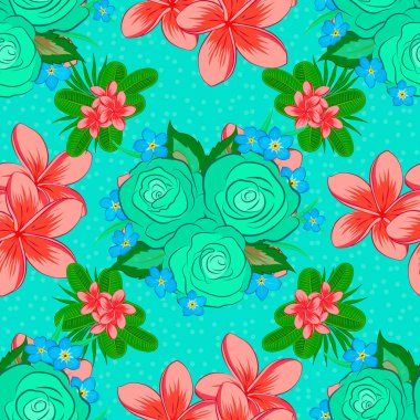 Geleneksel Hint çiçeksiz desenli, mavi arka planda gül çiçekleri ve yeşil yapraklı. Vektör illüstrasyonu.