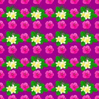 Plumeria çiçekleriyle süslü bir duvar kağıdı. Soyut vektör arkaplanı. Çiçek açan Plumeria çiçekleri ve mor bir arka planda yaprakları olan desensiz çiçek deseni..