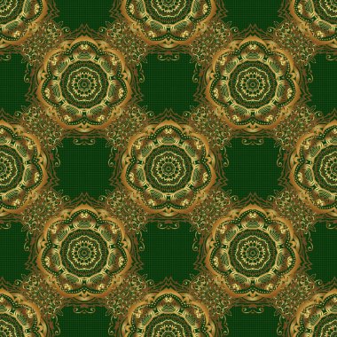 Damask vektörü klasik altın desen. Yeşil arka planda altın renklerde kusursuz soyut elementler. Altın yinelenen elementlerle oryantal arkaplan.