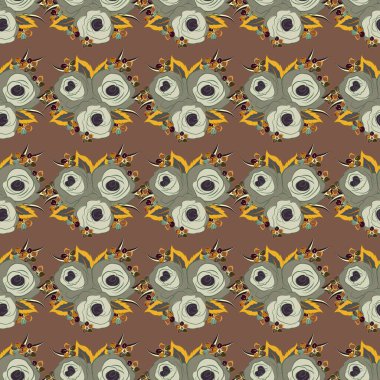 Eski, eski. Gül çiçekleriyle tasarlamak için mükemmel bir desen. Dekorasyon ve tasarım için güzel bir desen. Moda baskısı. Yeşil, gri ve kahverengi güllerle kusursuz suluboya deseni.