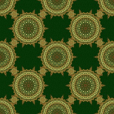 Yeşil bir arka planda kraliyet altın pürüzsüz desen. Duvar kağıtları, davetiyeler, ambalajlar için lüks süsler. Vektör illüstrasyonu.