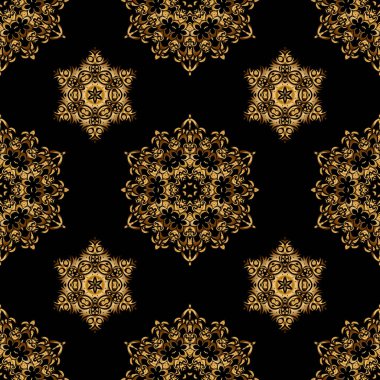 Altın çiçekli, pürüzsüz desen. Siyah arka planda Victoria tarzı elementler. Davetiyeler için dekorasyon, tebrik kartları, teşekkür mesajı. Tasarım için vektör açgözlülüğü ve vignette.