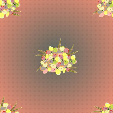 Vektör çizimi. Turuncu, bej ve pembe renklerde şirin primula çiçekleriyle kusursuz çiçek deseni..