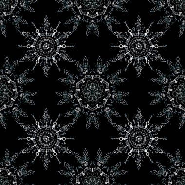 Çiçeksiz desen. Duvar kağıdı barok, pürüzsüz vektör arkaplan, siyah zemin üzerinde gri.