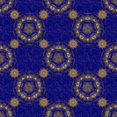 Mavi arka planda soyut çiçekleri ve yıldızları olan kusursuz desenli vektör altın ızgara. Yatak örtüsü, ceket, paket tasarımı, kumaş ve moda kavramları için doğu tekstil baskısı.