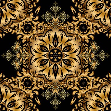 Siyah arka planda altın şebeke olan kusursuz bir desen. Altın antika süslemeli vektör kare bileşimi.
