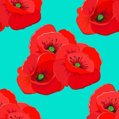 Mavi arkaplanda kırmızı haşhaş ve yeşil yaprağın kusursuz vektör deseni.