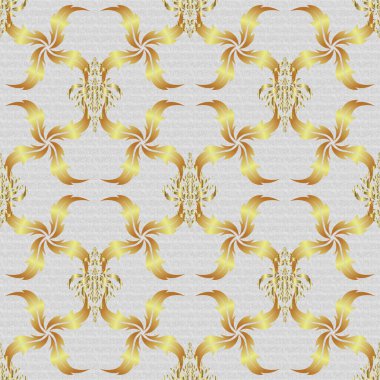 Gri arka planda altın süslemeleri olan kusursuz, soyut vektör deseni. Altın süslemeli klasik tasarım.