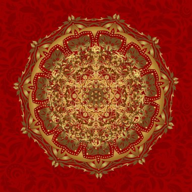 Kaleydoskop, madalyon, yoga, Hindistan, Arapça. Mandala ile süslenmiş kırmızı altın kart. Kabile, Boho, Bohem tarzı. Geometrik çember vektör ögesi.