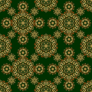 Altın elementli geometrik süs. Soyut geometrik çizim. Kusursuz geometrik desen. Yeşil arka planda altın gradyanı olan kusursuz vektör deseni. Altın doku.