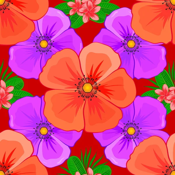 Trendiger Print Auf Rotem Hintergrund Exquisites Muster Mit Kosmos Blumen — Stockvektor