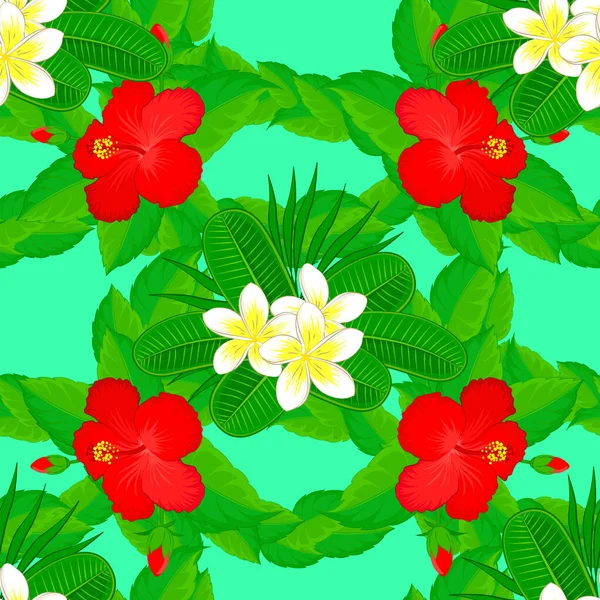 バリエーションのベクトルシームレスなイラスト 緑の背景に多くのモトリー抽象的な花を持つ熱帯シームレスパターン — ストックベクタ