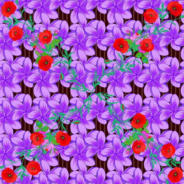 縞模様の背景に水彩シームレスパターン 茶色の背景にベクトルフラワープリント 可愛いプルメリアの花模様 — ストックベクタ