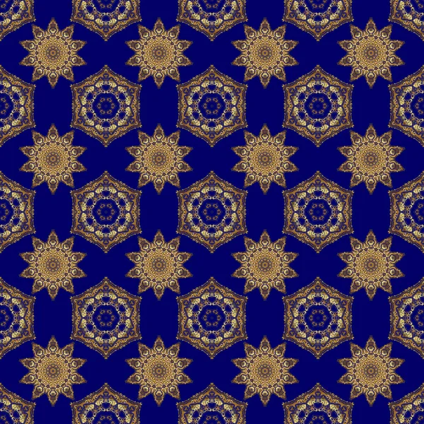 皇家和维多利亚时代的概念 华丽的栅格装饰 蓝色背景上孤立的金色元素 古色古香的巴洛克花 蓝色上金光闪闪的图案 — 图库矢量图片